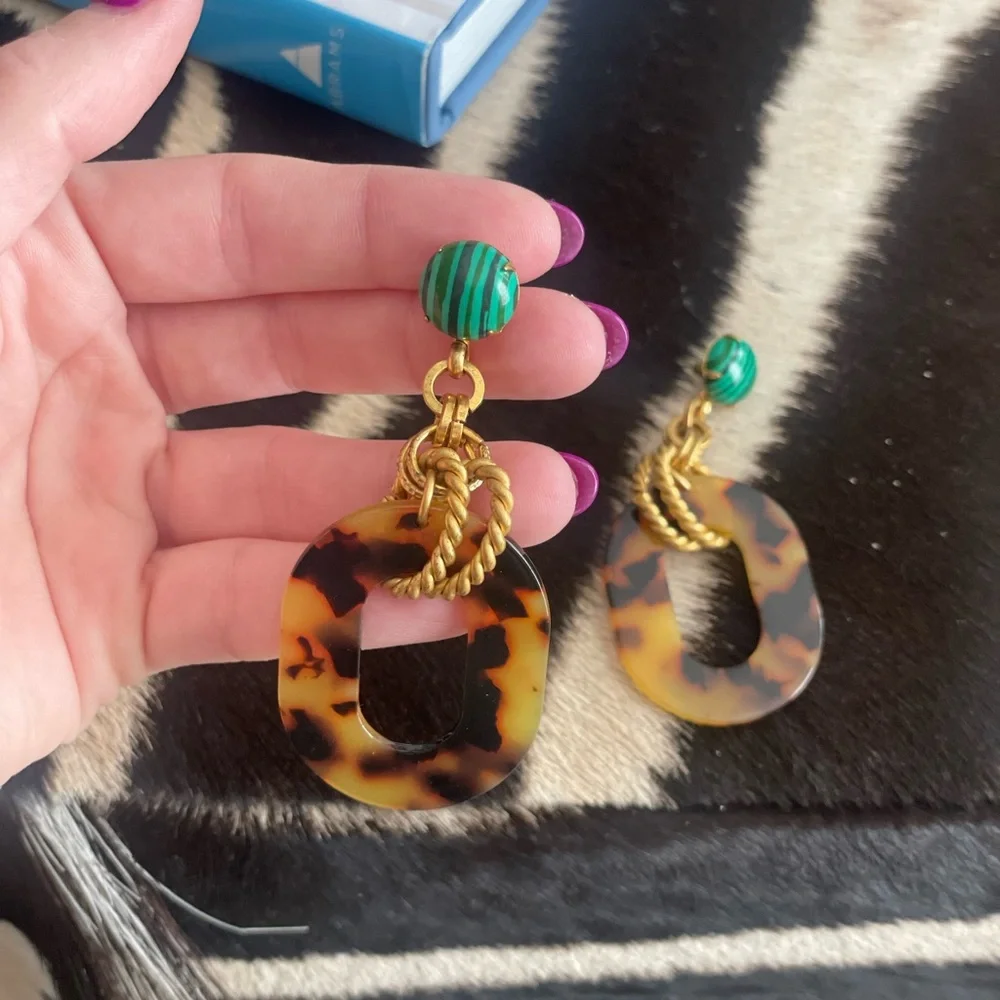 Brown and Green Tortoiseshell Hoop Earrings - Picture 2 of 5